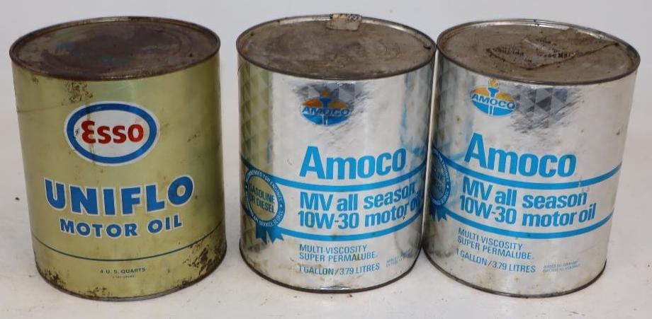 Group of 3 Esso Uniflo, and Amoco All Season One Gallon Composite Oil Cans: Empty. 6.5" x 6.5" x 7.75" each