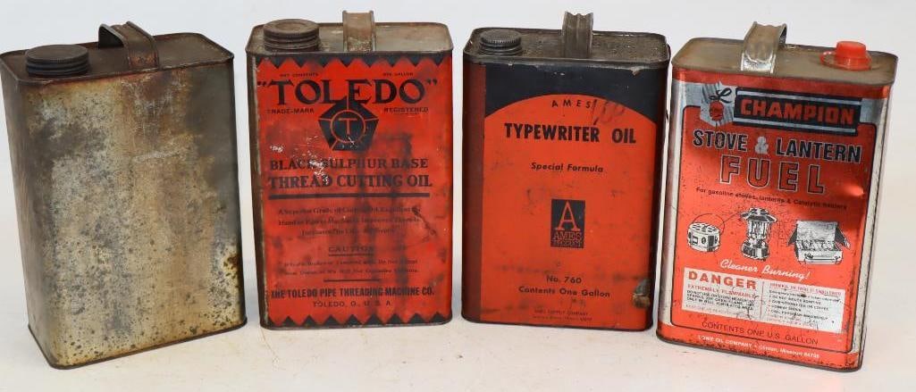 Group of 4 Different One Gallon Metal Oil Cans: 6.25" x 4" x 10.25" each