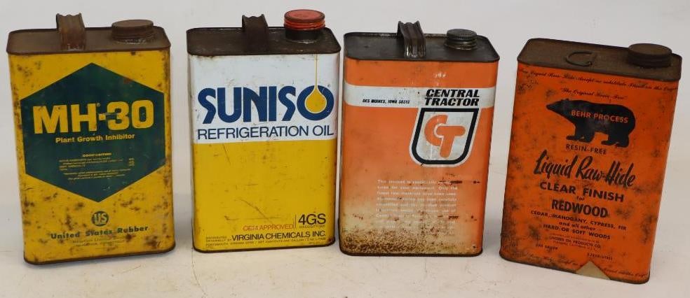 Group of 4 Different One Gallon Metal Oil Cans: 6.25" x 4" x 10.25" each
