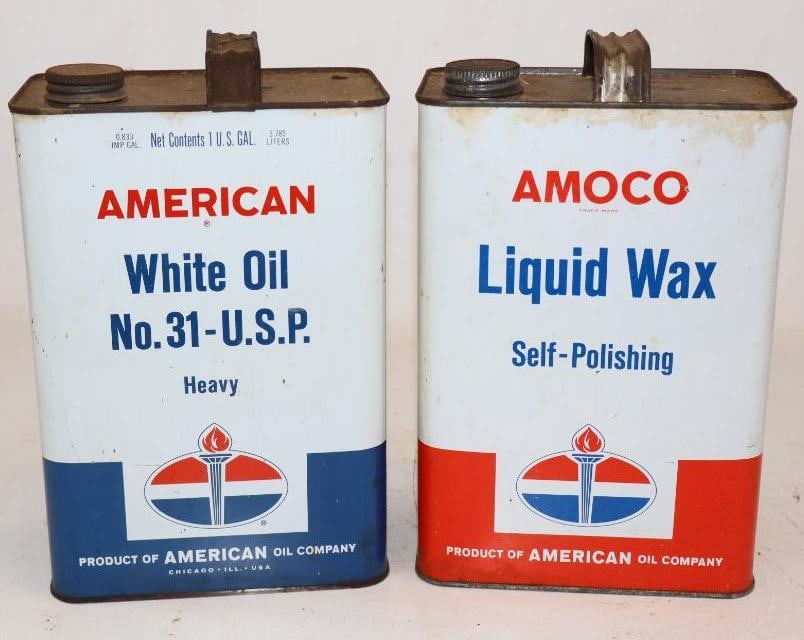 Group of 2 Amoco White Oil, and American Liquid Wax One Gallon Metal Oil Cans: 6.25" x 4" x 10.25" each