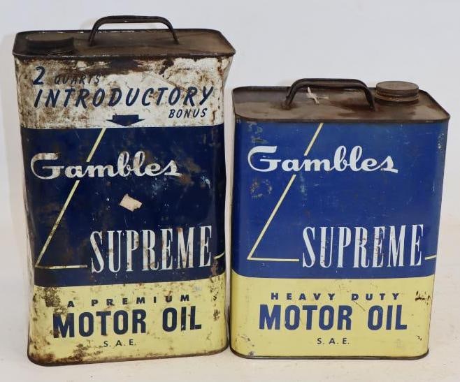Group of 2 Gamble's Supreme Ten Quart and Two Gallon Metal Oil Cans: Largest is 8.5" x 5.75" x 13.5"