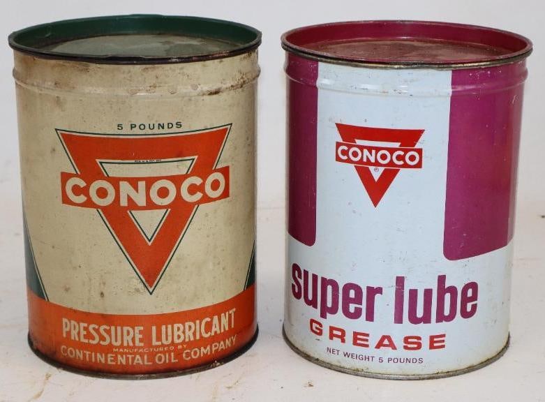 Group of 2 Conoco Super and Pressure Five Pound Grease Cans: 5.75" x 5.75" x 7.5" each