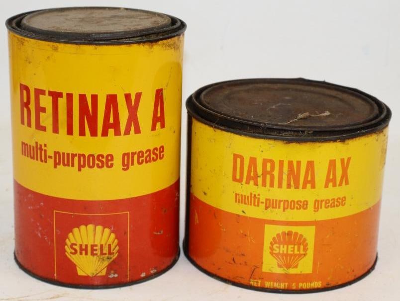 Group of 2 Shell Retinax A, and Darina Ax Five Pound Grease Cans: Largest is 5.5" x 5.5" x 7.75"