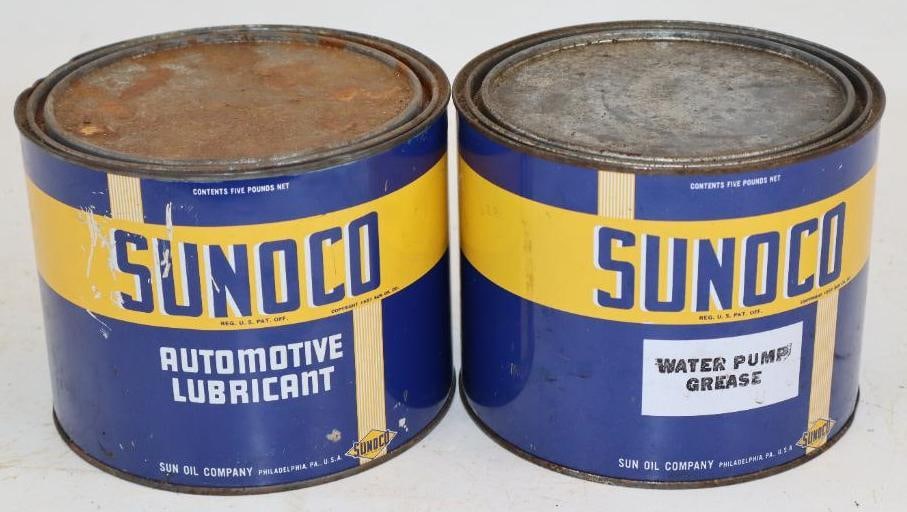 Group of 2 Sunoco Five Pound Grease Cans: Both are full. 6.5" x 6.5" x 5.25" each
