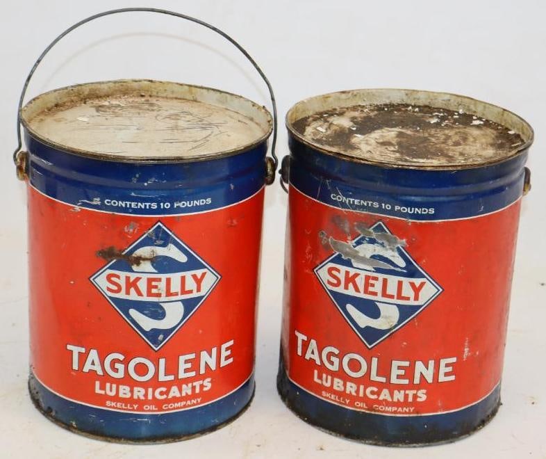 Group of 2 Skelly Tagolene Ten Pound Grease Cans: Both are full. 7.25" x 7.25" x 9"