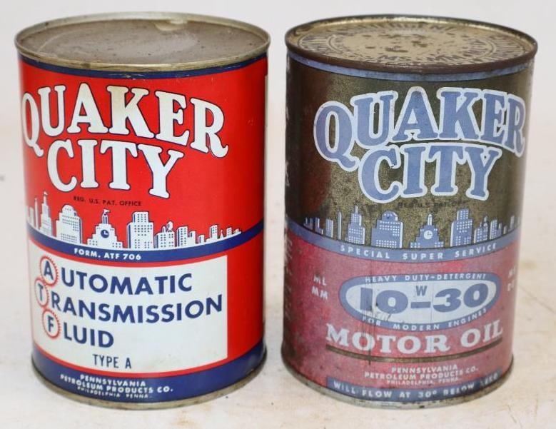 Group of 2 Quaker City HD and ATF One Quart Metal Oil Cans: Empty. 4" x 4" x 5.5" each
