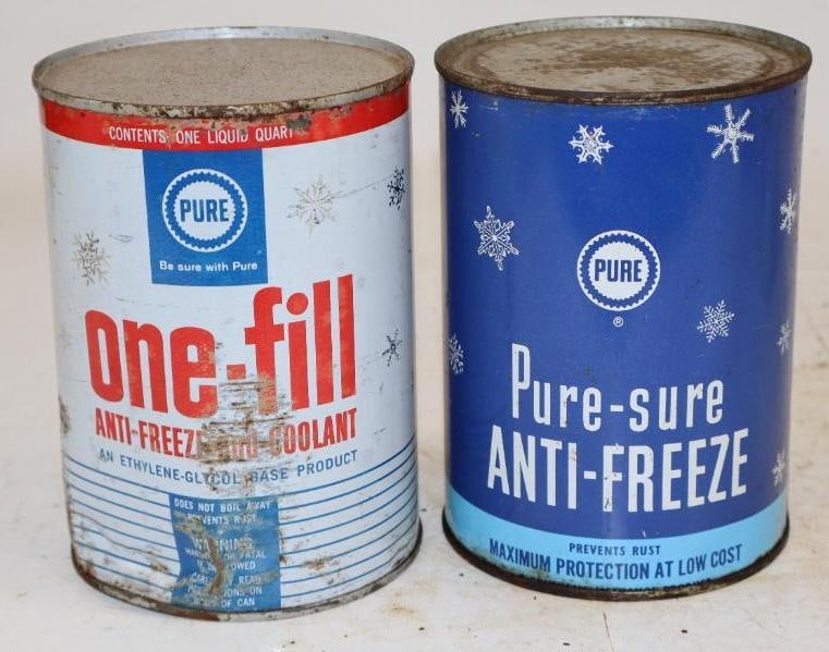 Group of 2 Different Pure Anti Freeze One Quart Metal Oil Cans: Empty. 4" x 4" x 5.5" each