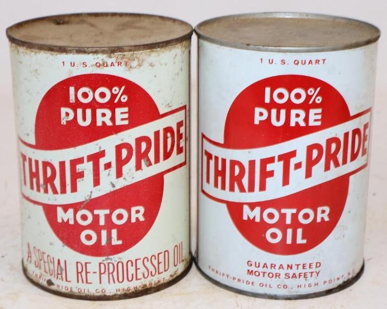 Group of 2 Thrift-Pride One Quart Metal Oil Cans: Empty. 4" x 4" x 5.5" each