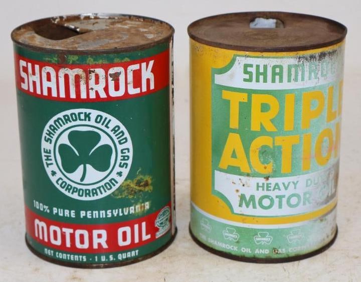 Group of 2 Different Shamrock One Quart Metal Oil Cans: Empty. 4" x 4" x 5.5" each