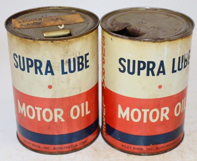 Group of 2 Supra Lube One Quart Metal Oil Cans: Empty. 4" x 4" x 5.5" each