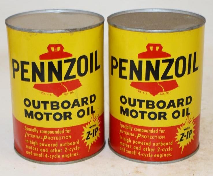 Group of 2 Pennzoil Outboard One Quart Metal Oil Cans: Empty. 4" x 4" x 5.5" each