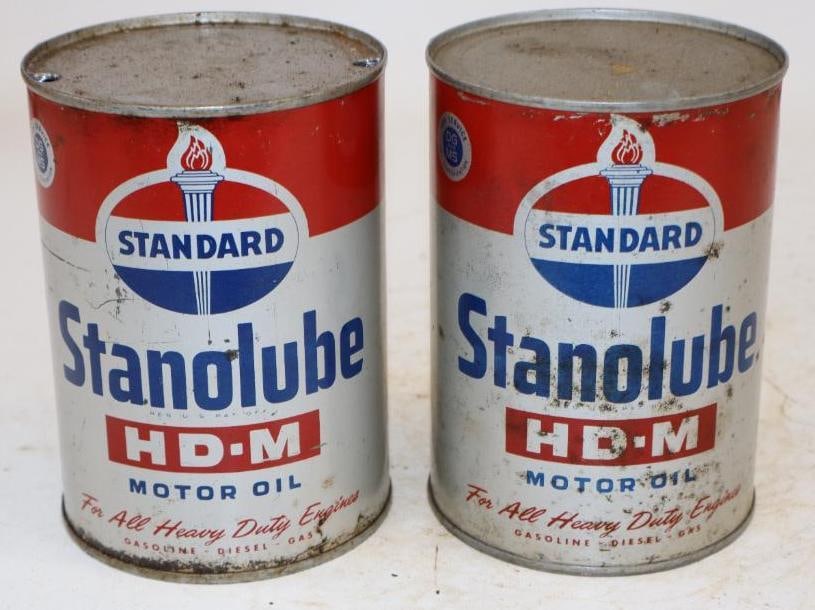 Group of 2 Standard Stanolube HD-M One Quart Metal Oil Cans: Empty. 4" x 4" x 5.5" each