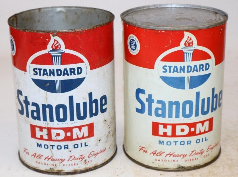 Group of 2 Different Standard Stanolube HD-M One Quart Metal Oil Cans: One is missing top lid. Empty. 4" x 4" x 5.5" each