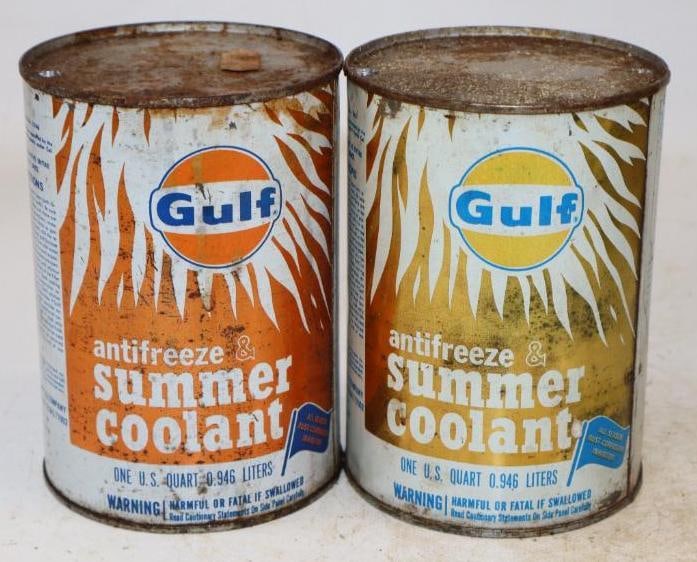 Group of 2 Gulf Anti Freeze One Quart Metal Oil Cans: Empty. 4" x 4" x 5.5" each