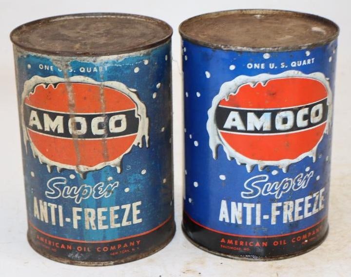 Group of 2 Amoco Super Anti Freeze One Quart Metal Oil Cans: Empty. 4" x 4" x 5.5" each