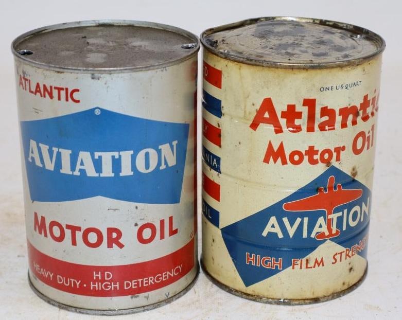 Group of 2 Different Atlantic Aviation One Quart Metal Oil Cans: Empty. 4" x 4" x 5.5" each