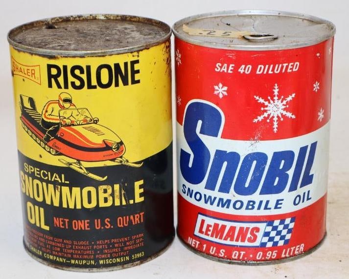 Group of 2 Lemans and Risolene Snow Mobile One Quart Metal Oil Cans: Empty. 4" x 4" x 5.5" each