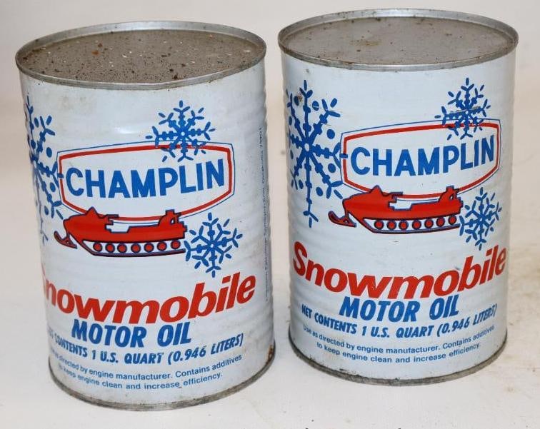 Group of 2 Champlin Snowmobile One Quart Metal Oil Cans: Empty. 4" x 4" x 5.5" each