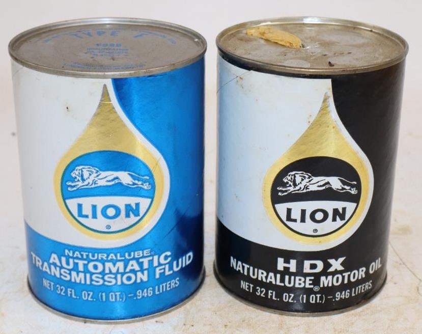 Group of 2 Lion HDX and ATF One Quart Composite Oil Cans: Empty. 4" x 4" x 5.5" each