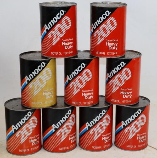 Group of 9 Amoco 200HD One Quart Composite Oil Cans: Empty. 4" x 4" x 5.5" each