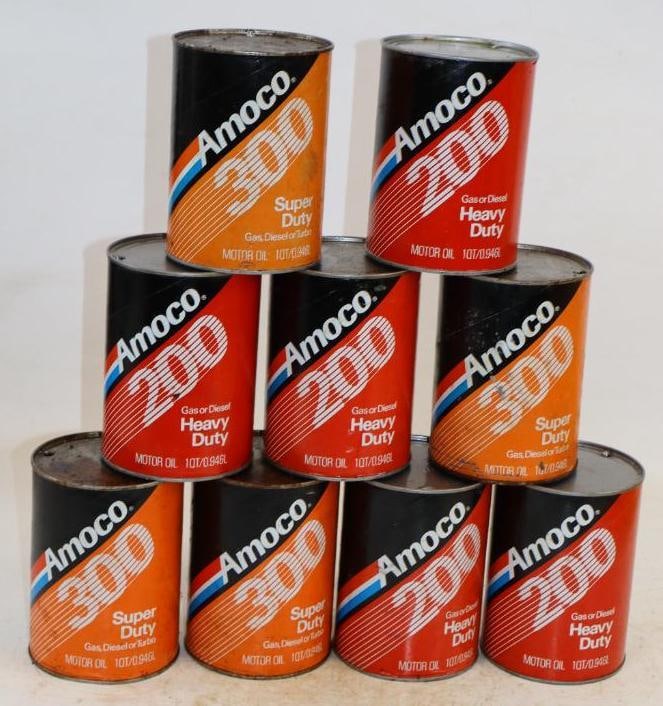 Group of 9 Amoco 200 and 300 One Quart Composite Oil Cans: Empty. 4" x 4" x 5.5" each