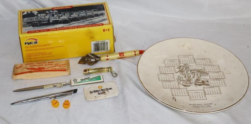 Group of 8 Shell Advertising Plate, Truck, & Other Gas Station Giveaways: Largest is 8.5" x 8.5"