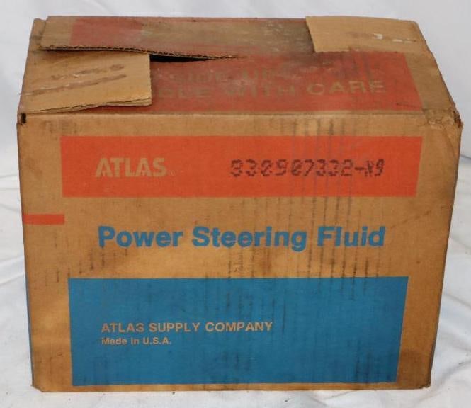 Atlas Power Steering Fluid Case with 12 NOS Bottles: Case measures 7" x 11" x 8.5"