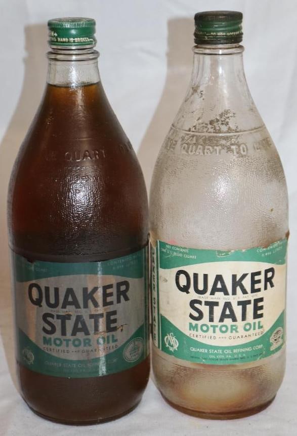 Group of 2 Quaker State Glass Quart Bottles with Paper Labels: 32 oz each