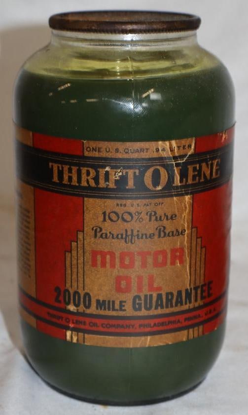 Thrift-o-lene Glass Wartime Quart Oil Bottom with Paper Label: 32 oz full