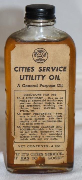 Cities Services Glass Oil Bottle with Paper Label: 4 oz full