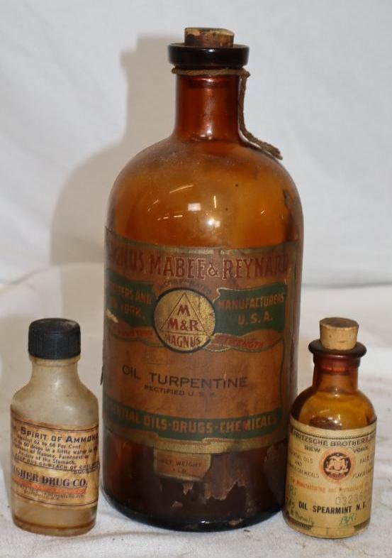 Group of 3 Magnus, Fisher, and Fritsche Brothers Spirit of Ammonia, Oil Turpentine, and Spearmint: Largest is 16oz