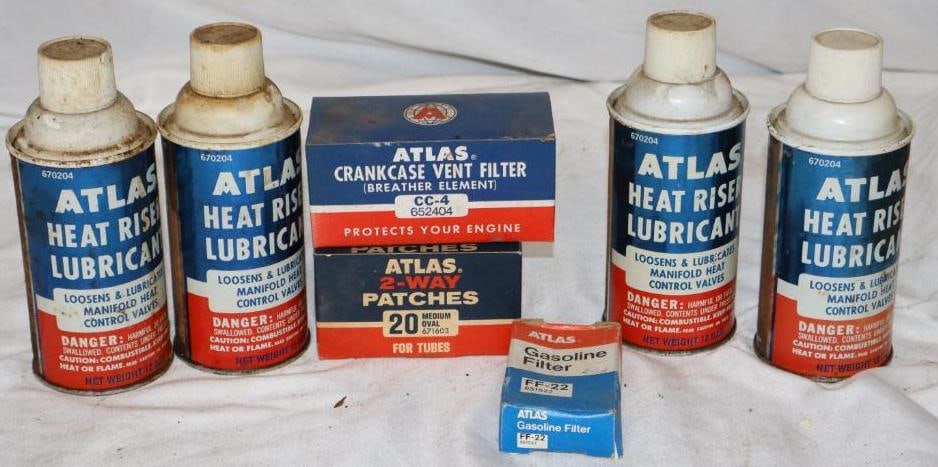 Group of 7 Atlas Heat Riser, Crank Case Filter, and Two Way Patches: Largest is 12oz