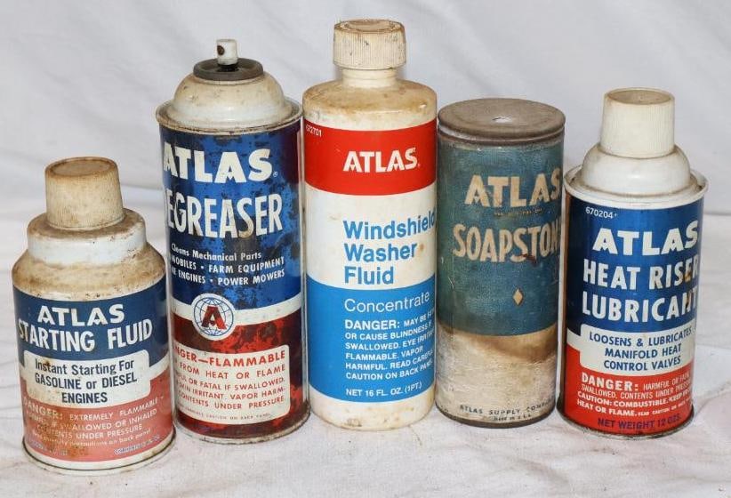 Group of 5 Different Atlas Car Care Product Cans and Bottles: Largest is 16oz