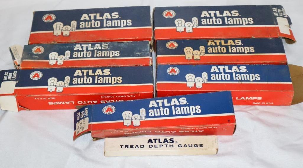 Group of 7 Atlas Auto Lamp and Tire Depth Gauge Product Boxes: Largest is 8" x 3" x 1"