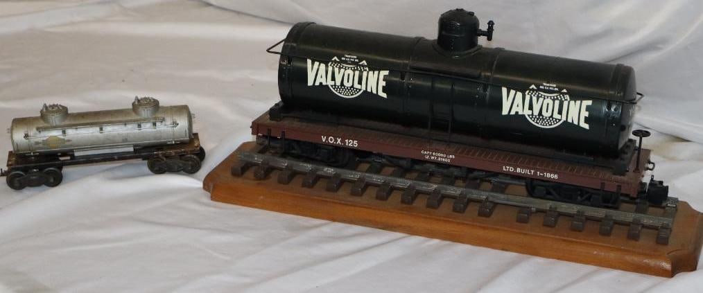 Group of 2 Valvoline and Sunoco Toy Train Tanker Cars: Largest is 17" x 4.5" x 7"