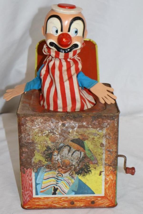 1953 Mattel Tin Litho Jack in the Box: Is not in working order. 5.5" x 5.5" x 5.5"