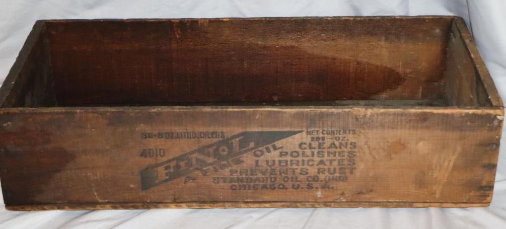 Standard Oil of Indiana Finol Thirty Six Eight Ounce Tin Litho Oiler Can Wooden Shipping Crate: 11" x 6" x 25"