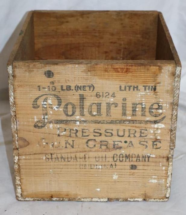 Polarine One Pressure Gun Ten Pound Tin Litho Grease Can Wooden Shipping Crate: 8.25" x 8.5" x 9.5"