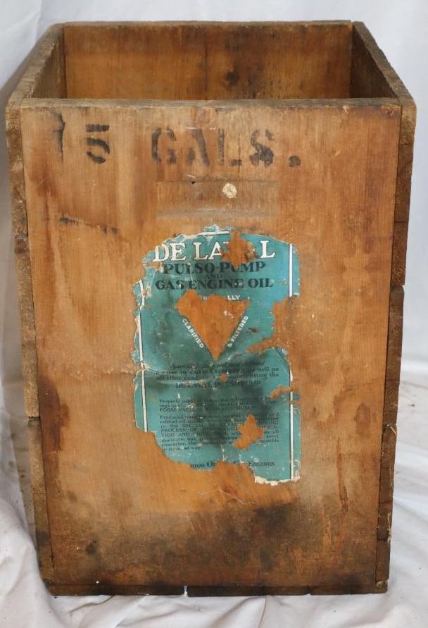 Delaval Cream Separator Five Gallon Square Oil Can Wooden Shipping Crate with Paper Label: 10.5" x 11.5" x 15.5"