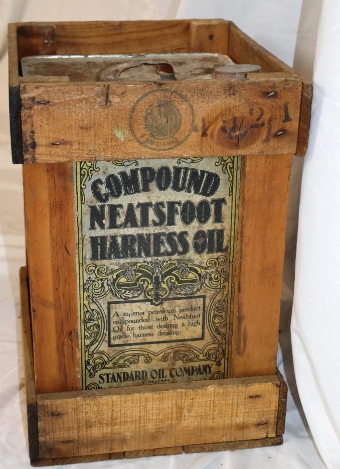 Standard Oil of Indiana Compound Neatsfoot Harness Square Five Gallon Oil Can with Original Wooden: 12.5" x 10.5" x 15.5"