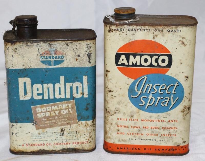 Group of 2 Standard and Amoco Denderol, and Insect Spray One Quart Oil Cans: Empty. 32oz each