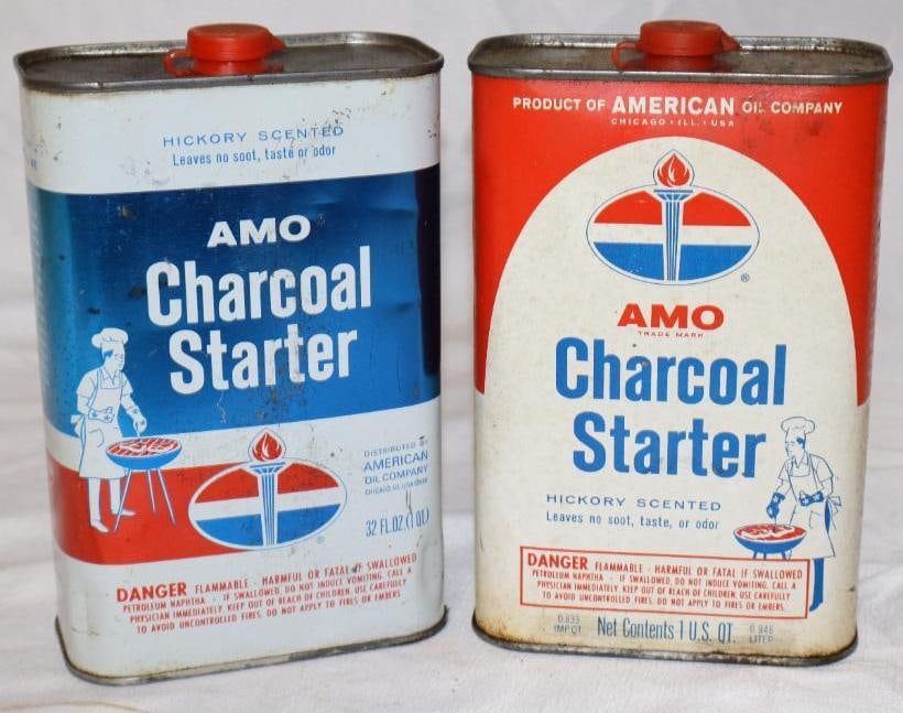 Group of 2 American Oil AMO Charcoal Starter Fluid One Quart Oil Cans: Empty. 32oz each