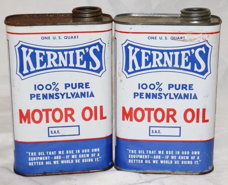 Group of 2 Kernie's One Quart Motor Oil Cans: Both are missing caps. Empty. 32oz each