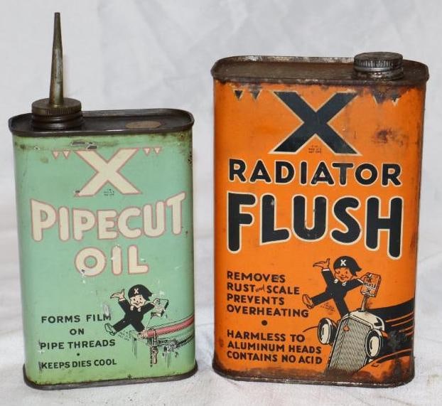Group of 2 "X" Radiator Flush and Pipeline Oil Cans: Empty. Largest is 32oz