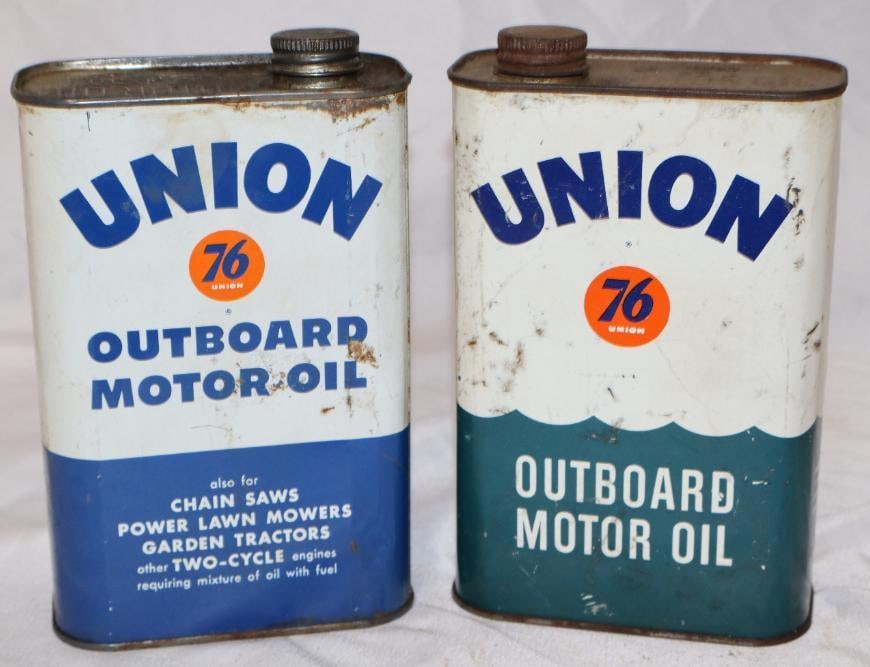 Group of 2 Union 76 Outboard One Quart Oil Cans: One is empty. 32oz each