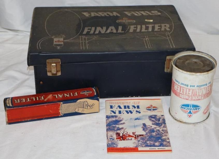 Group of 4 American Oil Farm Final Filter Case, Filters, & Brochure: Largest is 15.5" x 10.5" x 5.5"