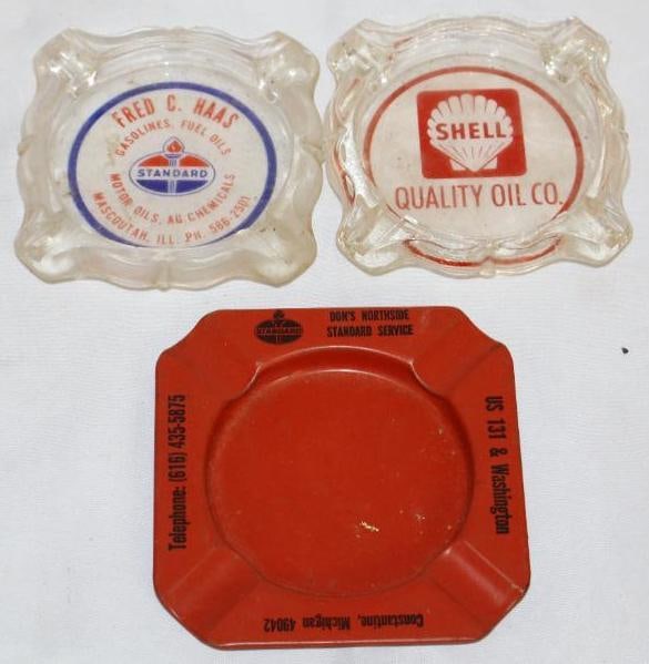 Group of 3 Shell & Standard Advertising Ash Trays: Largest is 4" x 4" x 1"