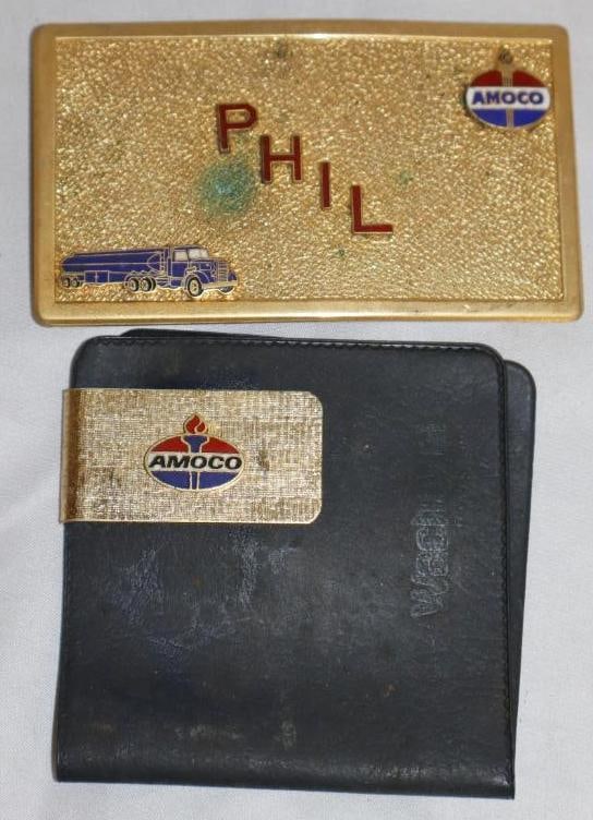 Group of 2 Cloisonne Amoco Advertising Belt Buckle & Money Clip: Largest is 4" x 2.25"