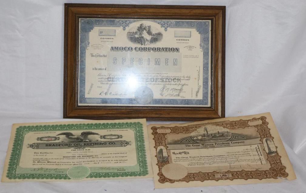 Group of 3 Great Western Petroleum, Bradford Oil, & Amoco Stock Certificates: 8.5" x 11" each