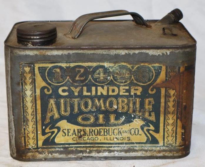 Early Sears 1-2-4 & 6 Cylinder Rectangle 1 Gallon Oil Can: 8.5" x 5.5" x 6.25"
